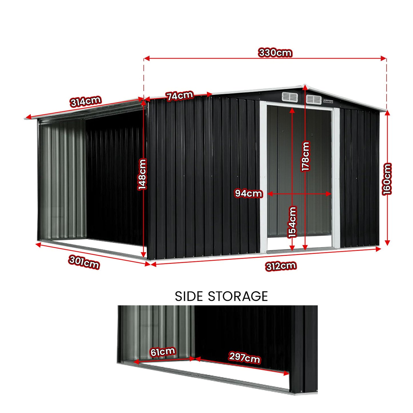 Wallaroo Garden Shed with Semi-Closed Storage 10*8FT - Black