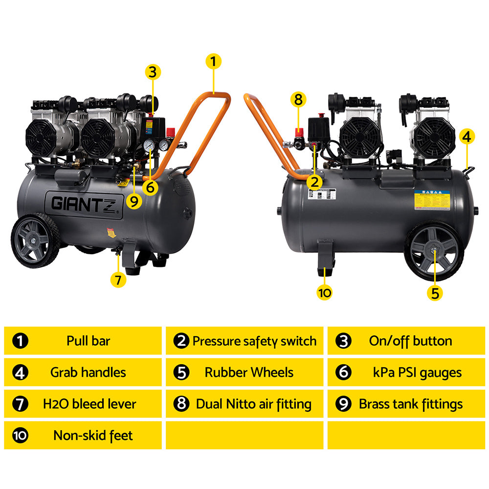 Compresor de aire portátil eléctrico silencioso sin aceite Giantz de 50 l y 3,0 HP