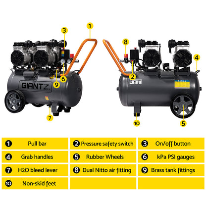 Compresor de aire portátil eléctrico silencioso sin aceite Giantz de 50 l y 3,0 HP