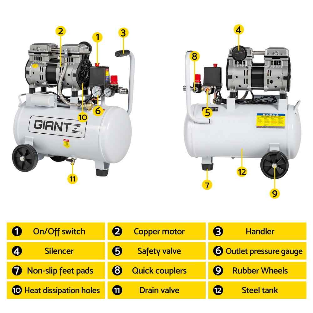 Giantz 24L Air Compressor Quiet 0.75HP Oil-Free Portable Tyre Inflator 40L/Min