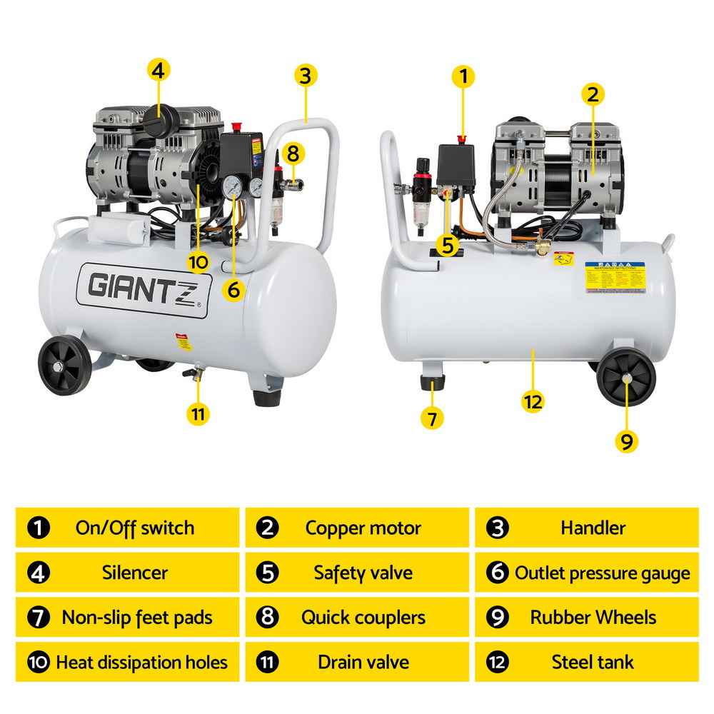 Giantz 30L Air Compressor Quiet 0.75HP Oil-Free Portable Tyre Inflator 40L/Min