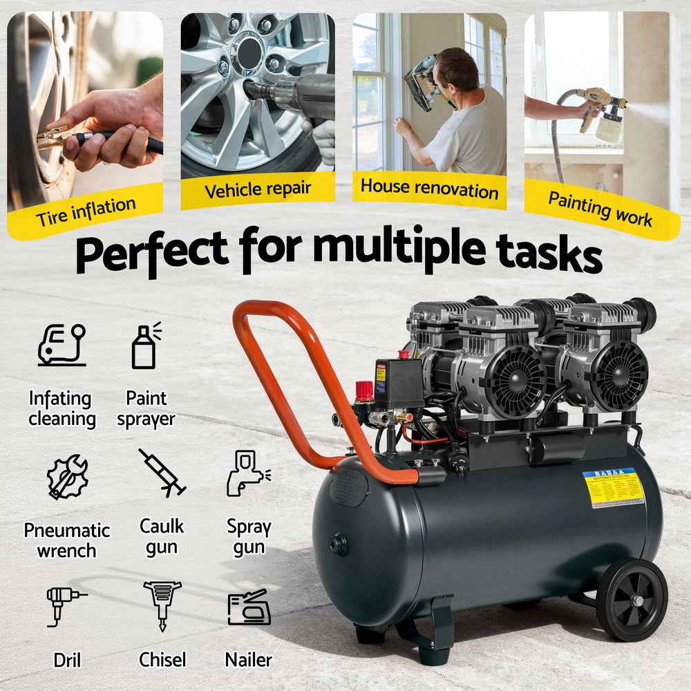 Giantz 50L Air Compressor Quiet 3.0HP Oil-Free Portable Tyre Inflator 200L/Min