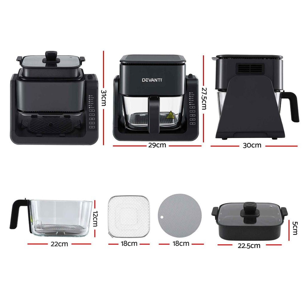 Devanti 2-IN-1 Air Fryer 5.5L Dual Zone Fryers Electric Cooker with Top BBQ Grill & Bot