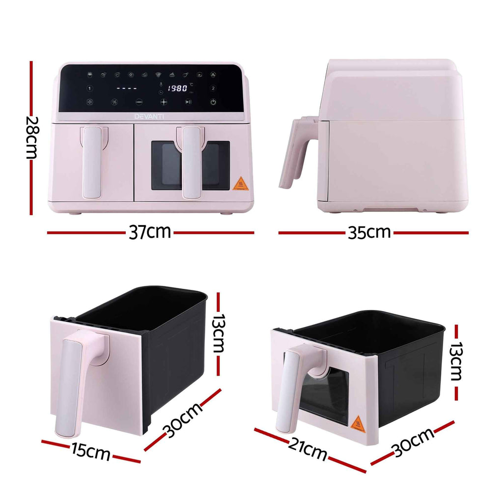 Devanti Air Fryer 9L Dual Zone Fryers 2600W Pink