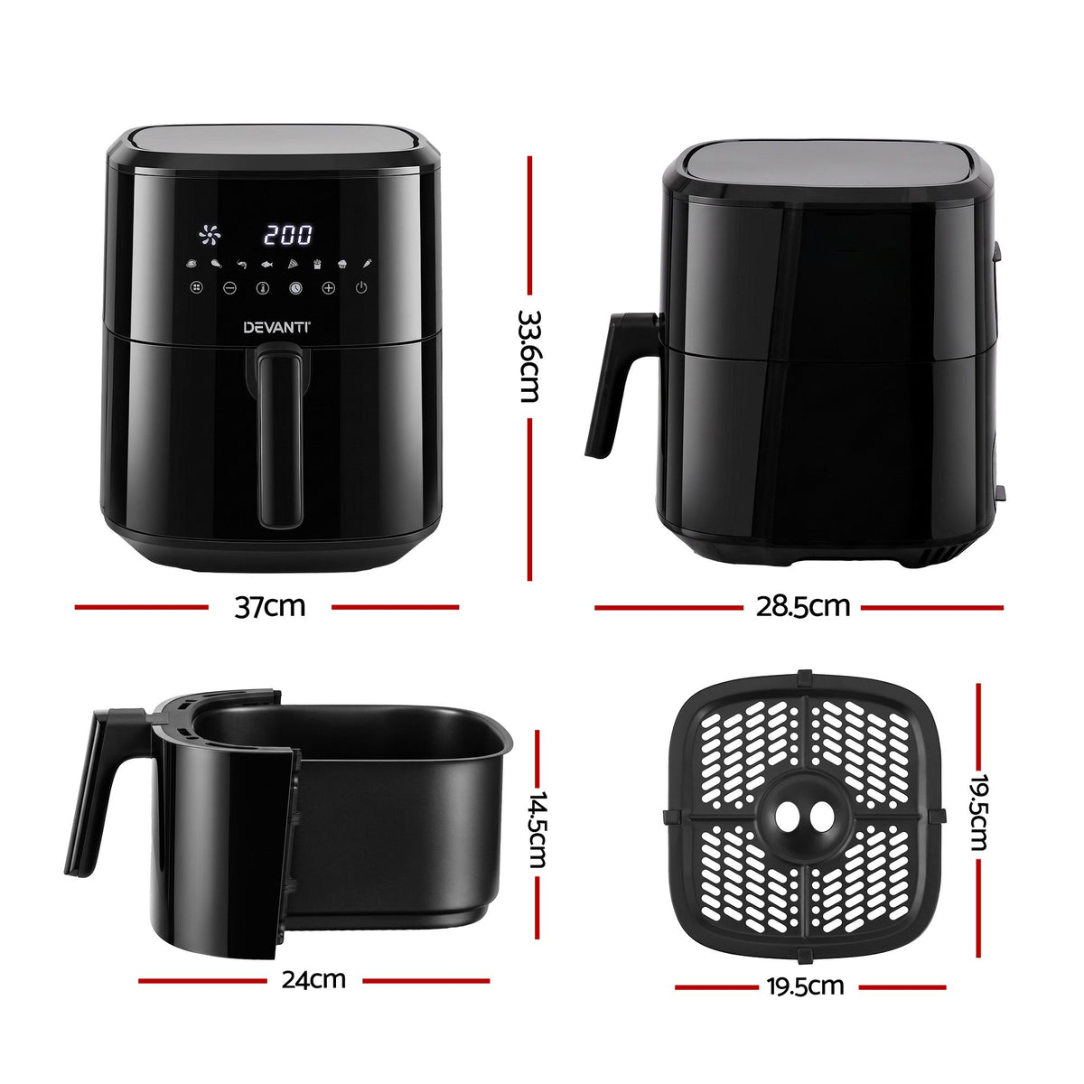 Devanti Air Fryer 6.5L 1700W Digital Touch 8 Presets Non-Stick Basket Black