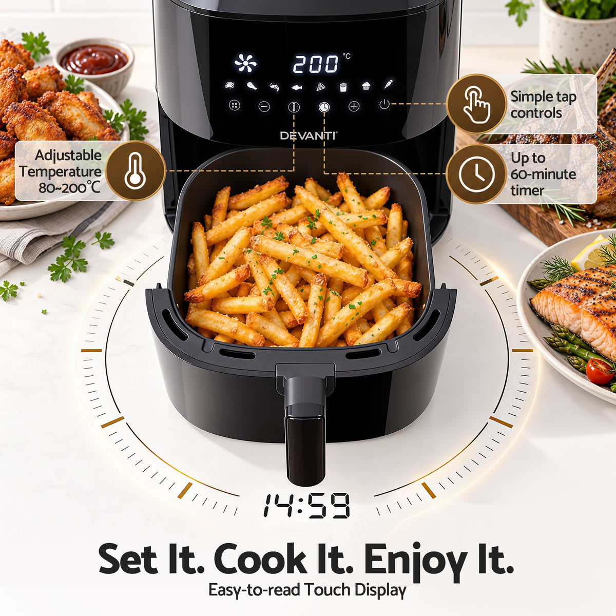 Devanti Air Fryer 6.5L 1700W Digital Touch 8 Presets Non-Stick Basket Black