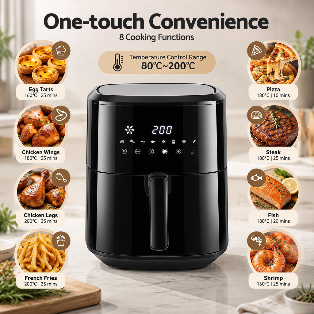 Devanti Air Fryer 6.5L 1700W Digital Touch 8 Presets Non-Stick Basket Black