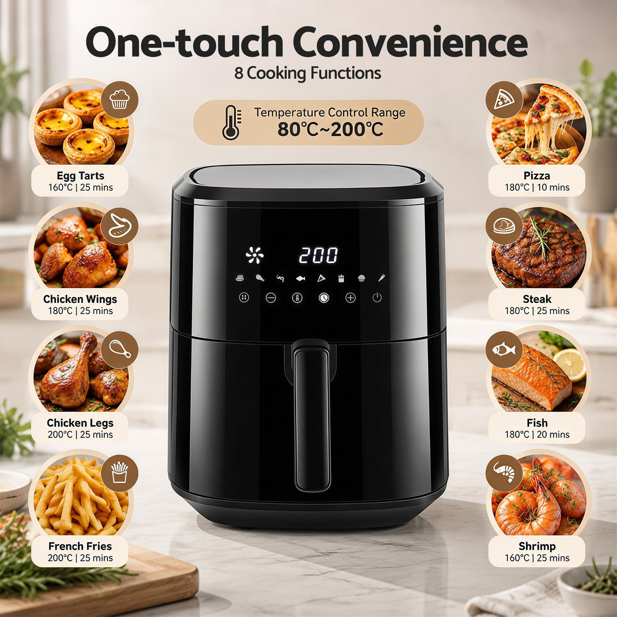 Devanti Air Fryer 6.5L 1700W Digital Touch 8 Presets Non-Stick Basket Black
