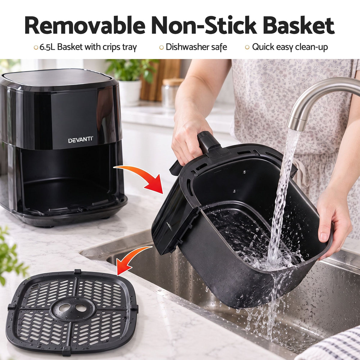 Devanti Air Fryer 6.5L 1700W Digital Touch 8 Presets Non-Stick Basket Black