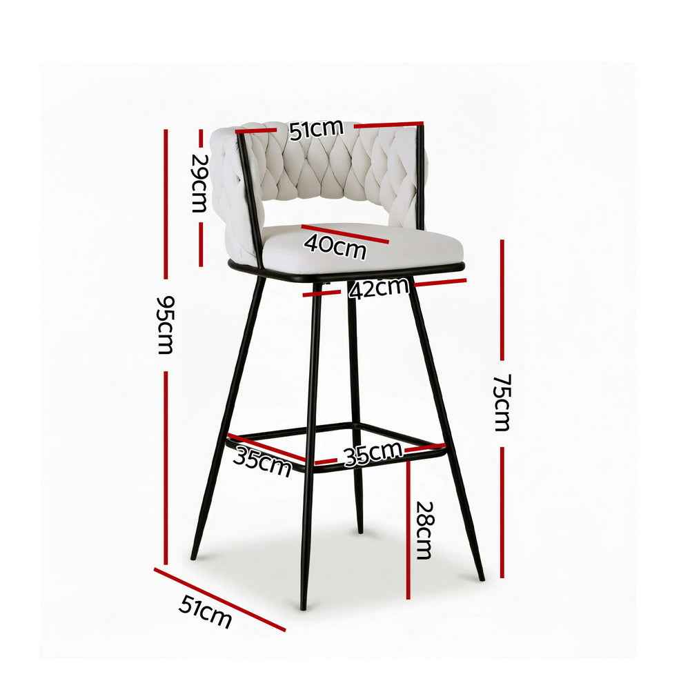 Artiss 2x Bar Stools Kitchen Dining Chair Counter Stool Woven Velvet Metal Ivory
