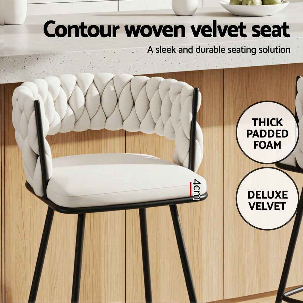 Artiss 2x Bar Stools Kitchen Dining Chair Counter Stool Woven Velvet Metal Ivory