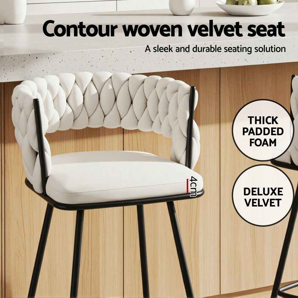 Artiss 4x Bar Stools Kitchen Dining Chair Counter Stool Woven Velvet Metal Ivory