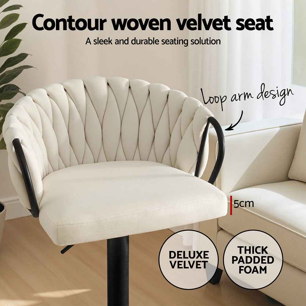 Artiss Bar Stool x2 Kitchen Dining Chair Counter Gaslift Woven Velvet Ivory