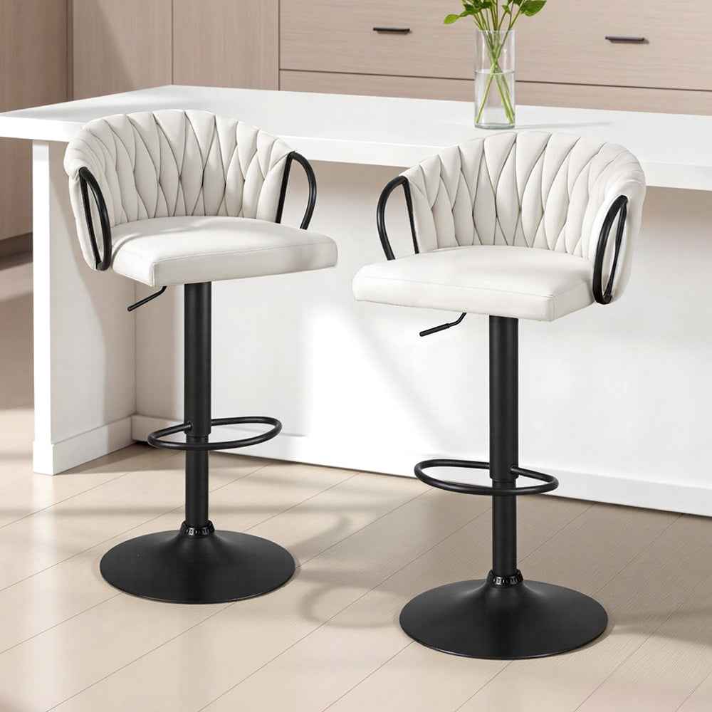 Artiss Bar Stool x2 Kitchen Dining Chair Counter Gaslift Woven Velvet Ivory