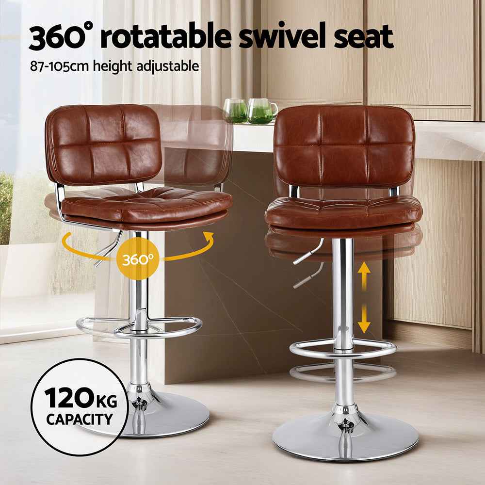 Artiss 2x Bar Stools Kitchen Swivel Gas Lift Counter Chair Tuft PU Leather Brown