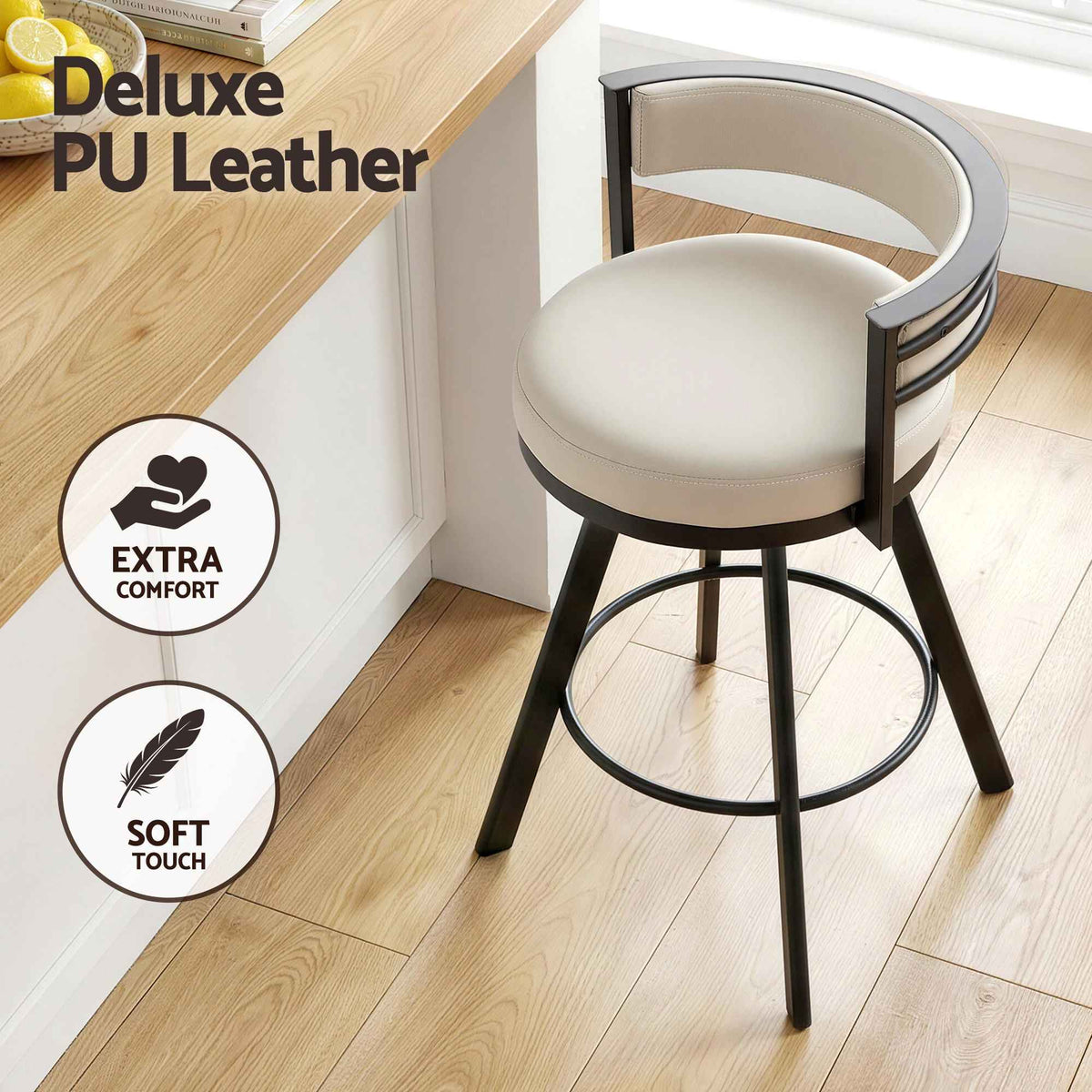 Artiss Bar Stools Set of 2 Swivel Kitchen Chair Metal Counter Beige Leather