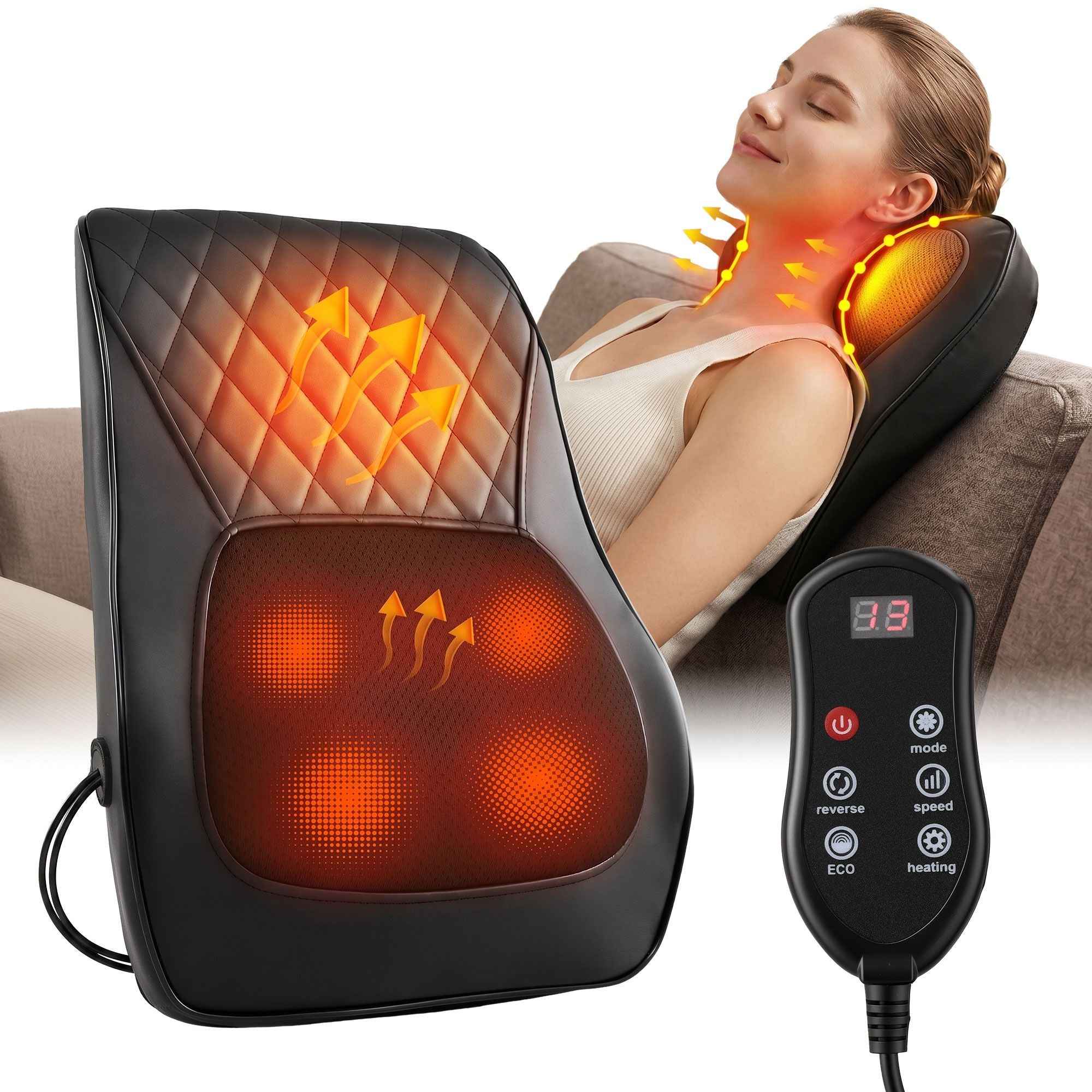 Livemor Back Massager with Heat and Traction, Neck and Shoulder Massage Pillow, Ergonomic Backrest for Office Chair & Sofa, Lumbar Support Cushion with 2-Level Thermal Relief, 6 Modes for Cervical & Full Body Pain Relief, Large