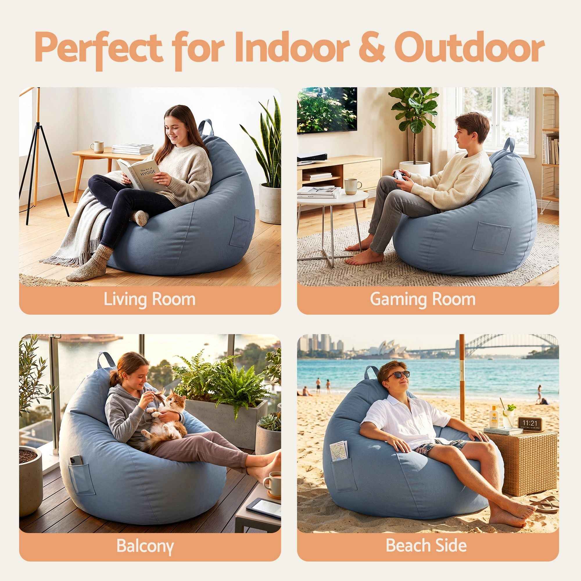 Artiss Outdoor Bean Bag Chair Cover (No Filler) Splash-Proof Beanbag Sofacover for Adults Teens Kids Stuffable Bean Bag Cover for Patio Poolside Relaxing, Grey