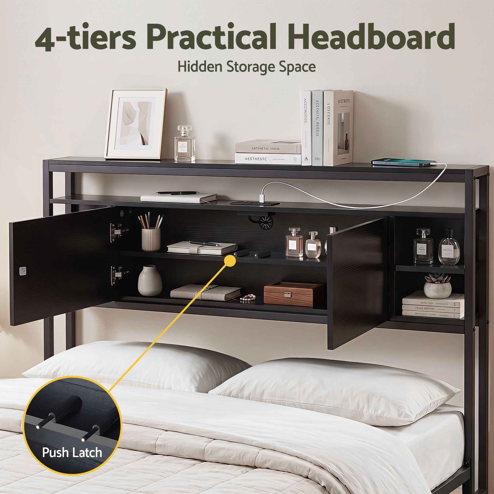 Artiss Bed Headboard Queen Storage Bedhead Charging Station Black