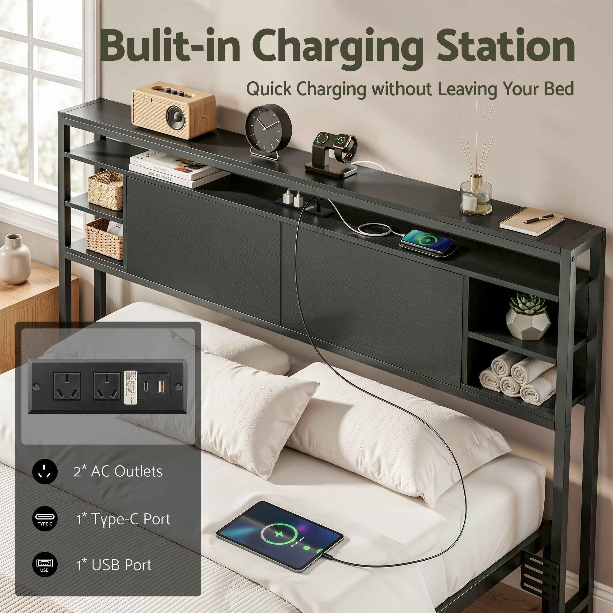 Artiss Bed Headboard Queen Storage Bedhead Charging Station Black