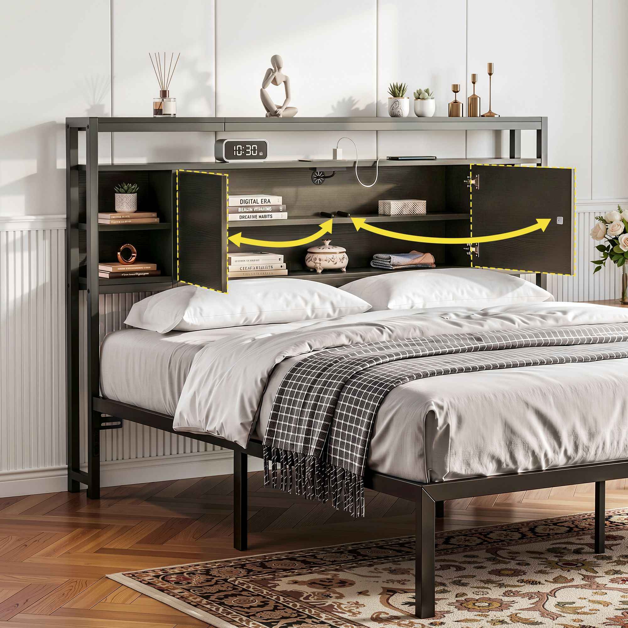 Artiss Bed Headboard Queen Storage Bedhead Charging Station Black
