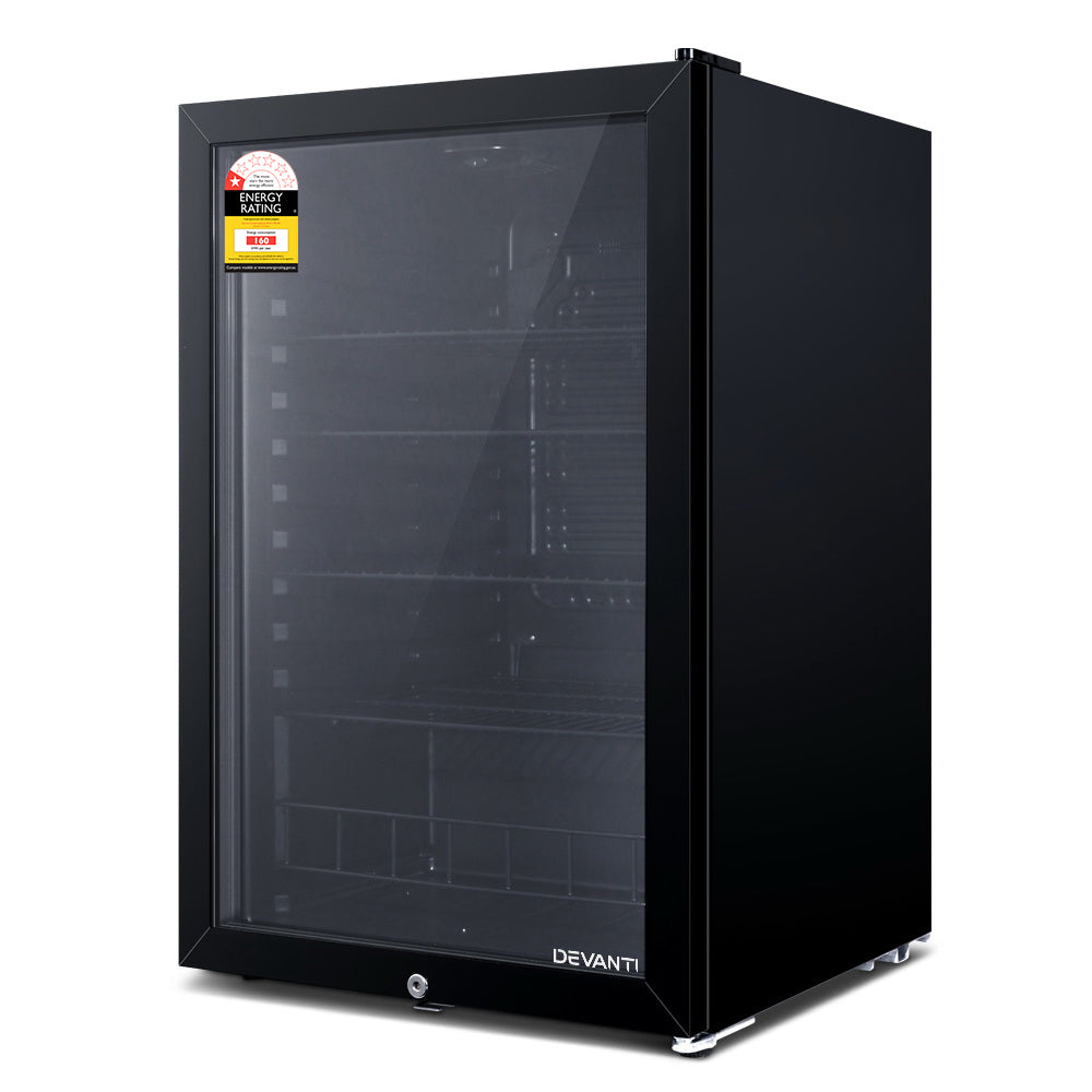 Devanti 115L Bar Fridge Glass Door w/Light Black - YDS.com.au