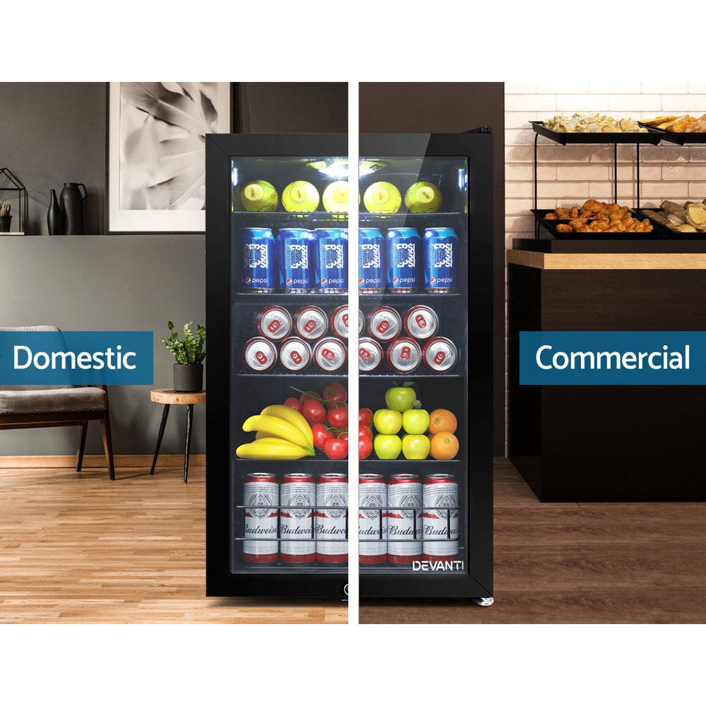 Devanti 115L Bar Fridge Glass Door w/Light Black - YDS.com.au
