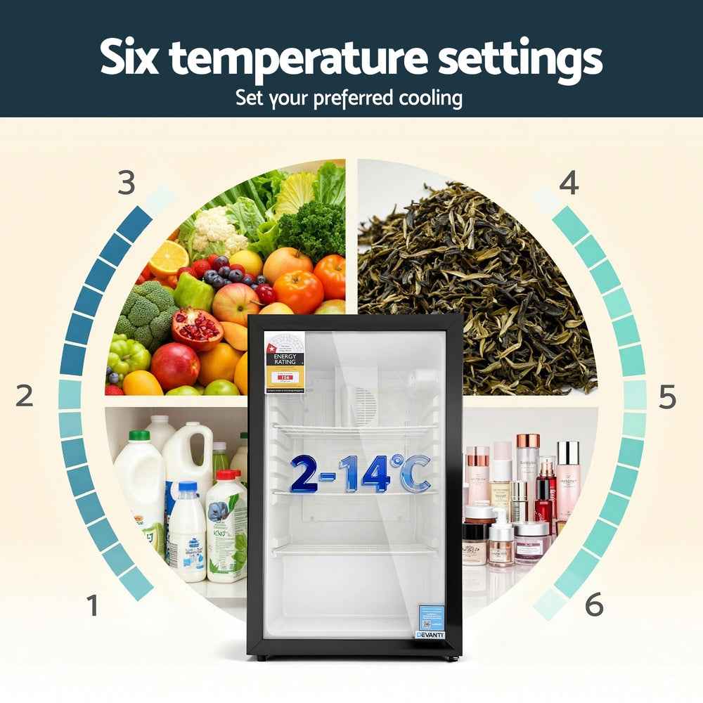 Devanti 105L Bar Fridge Glass Door Mini Fridge Countertop Cooler Black