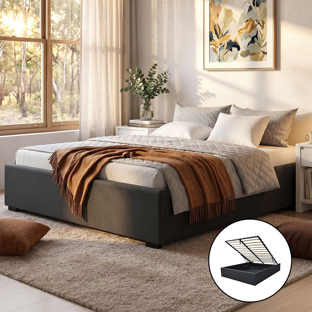 Cama de gas Artiss TOKI tamaño queen con espacio de almacenaje y cabecera, estructura de tela color carbón