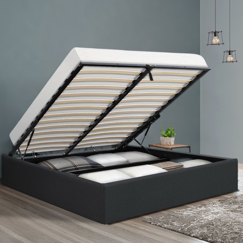Cama de gas Artiss TOKI tamaño queen con espacio de almacenaje y cabecera, estructura de tela color carbón