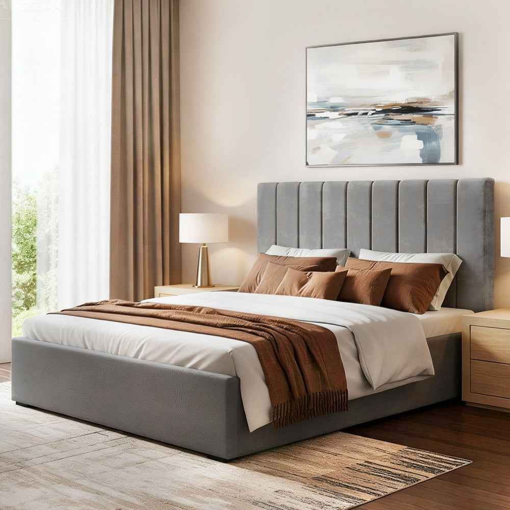 Artiss Double Bed Frame with Storage Grey Velvet Headboard Gas Lift Platform Base