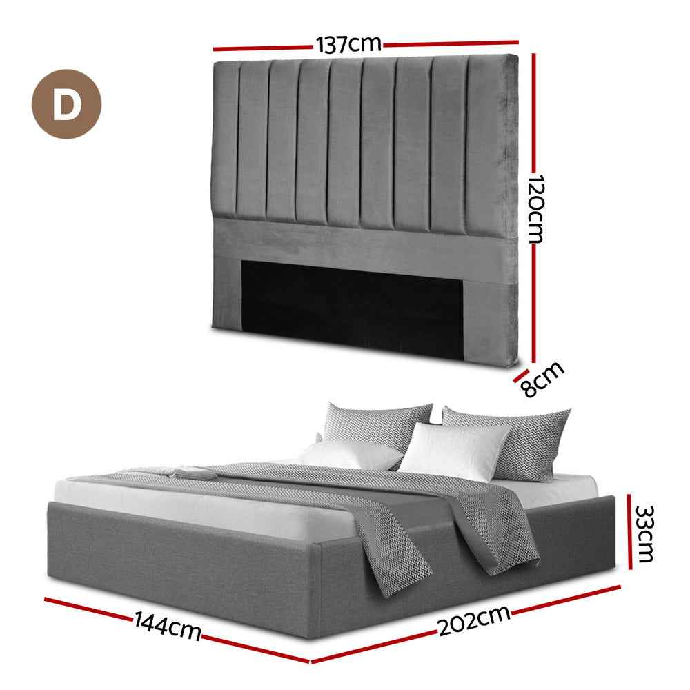 Artiss Double Bed Frame with Storage Grey Velvet Headboard Gas Lift Platform Base