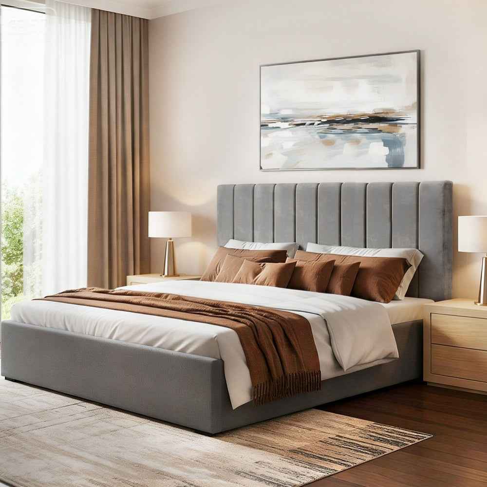 Artiss King Bed Frame with Storage Grey Velvet Headboard Gas Lift Platform Base