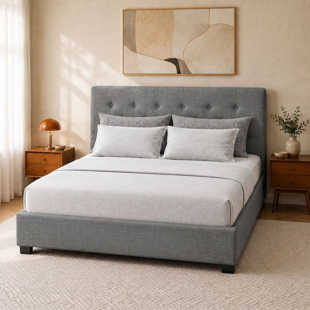 Artiss Vila Bed Frame Fabric Gas Lift Storage - Grey Double