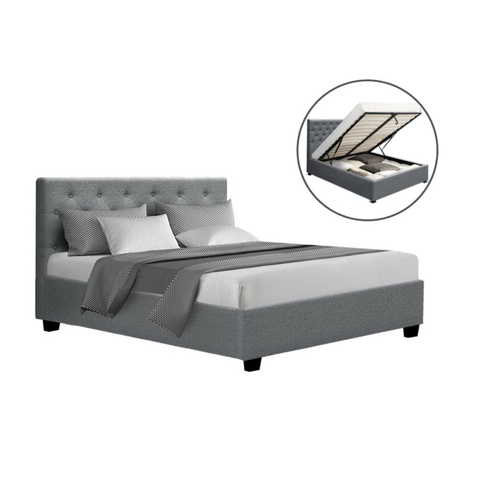 Artiss Vila Bed Frame Fabric Gas Lift Storage - Grey Double