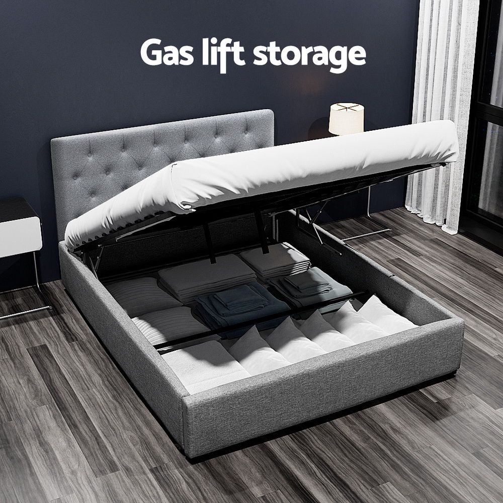 Artiss Vila Bed Frame Fabric Gas Lift Storage - Grey Double