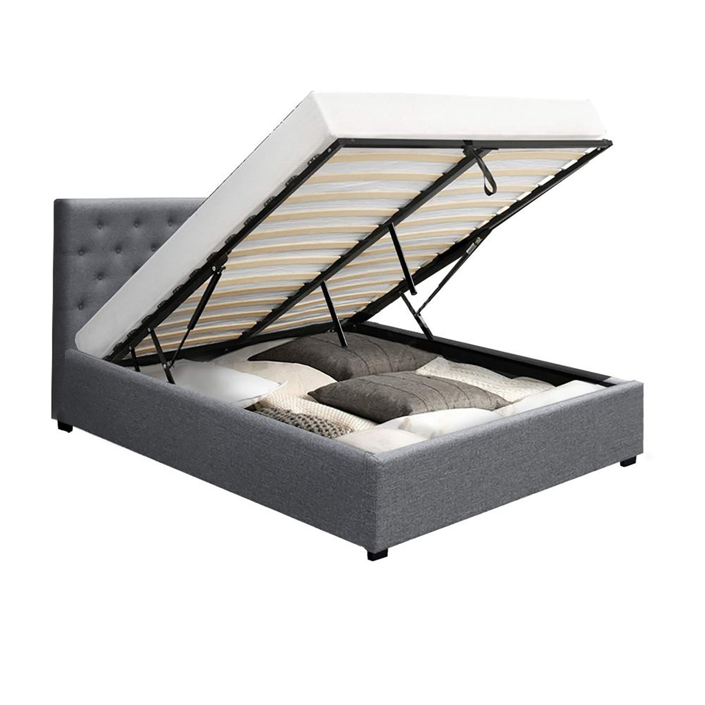 Artiss Vila Bed Frame Fabric Gas Lift Storage - Grey Double