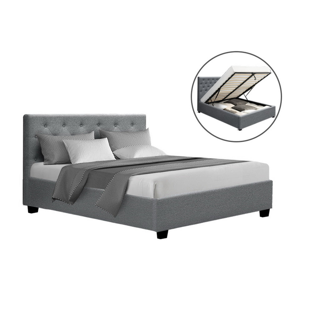 Artiss Vila Bed Frame Fabric Gas Lift Storage - Grey Double