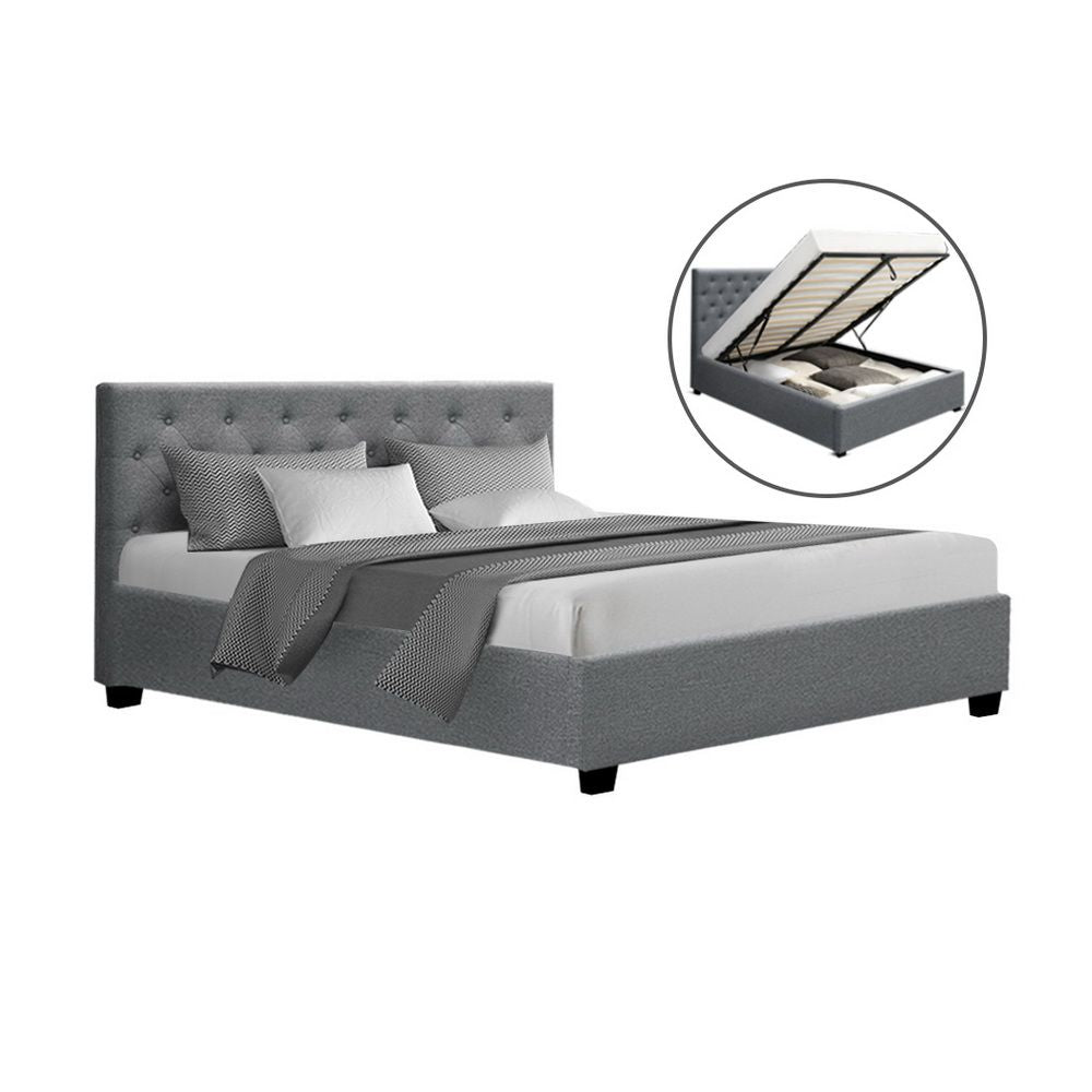 Artiss Vila Bed Frame Fabric Gas Lift Storage - Grey Queen