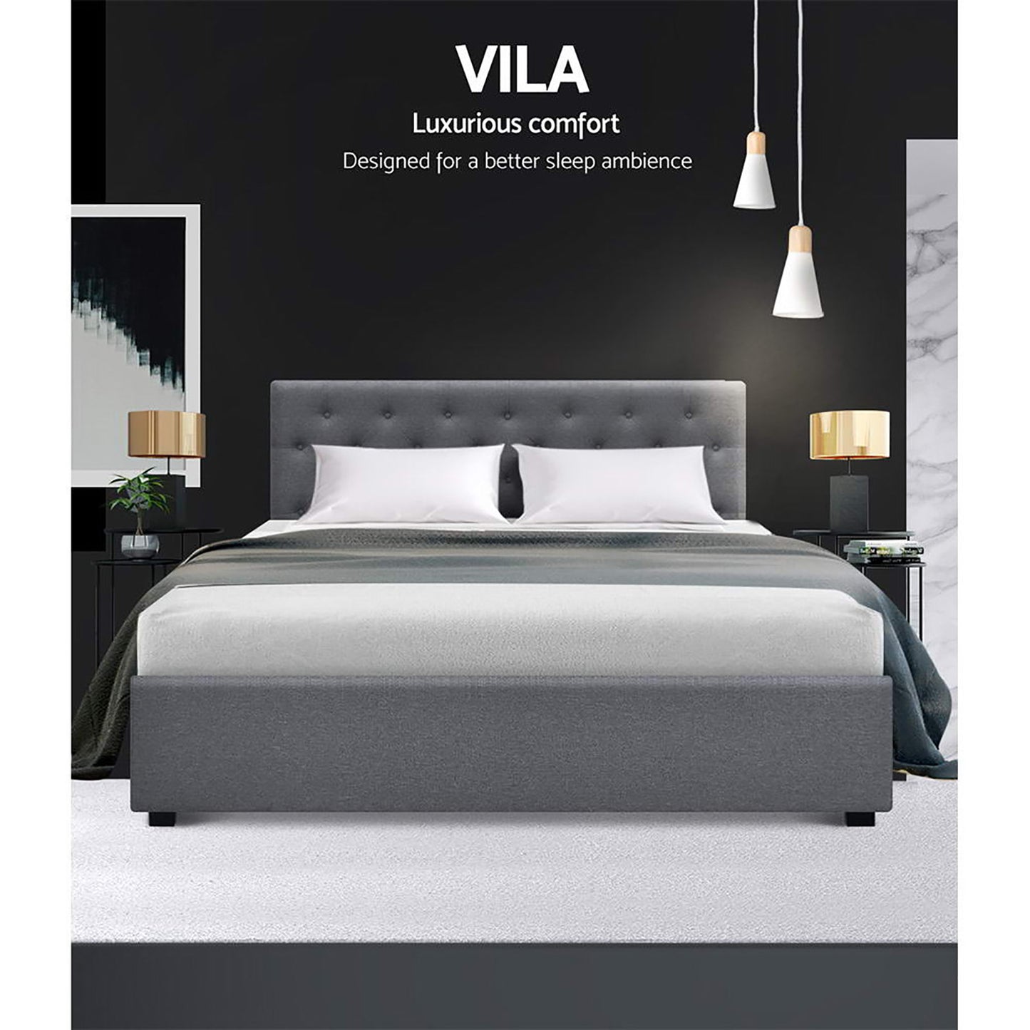 Artiss Vila Bed Frame Fabric Gas Lift Storage - Grey Queen