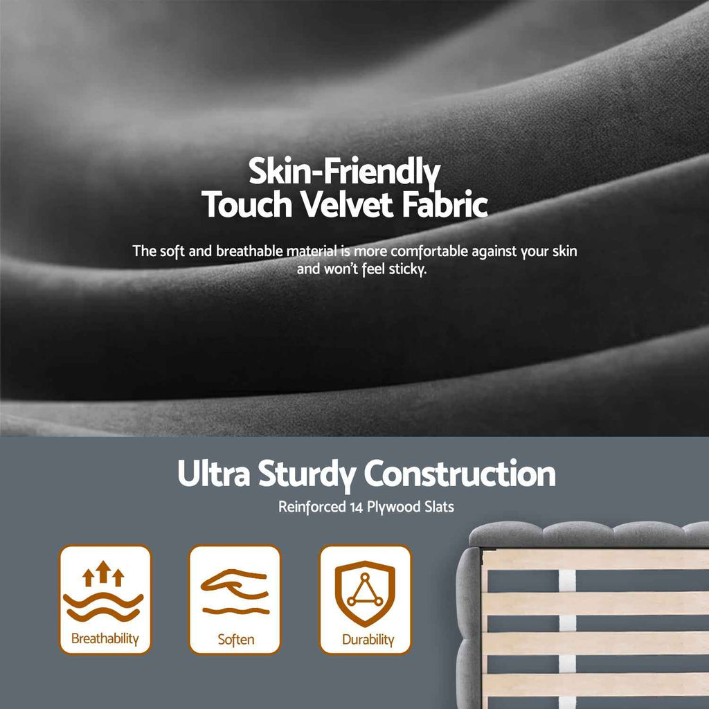 Artiss King Size Bed Frame Plush Soft Headboard Velvet Platform Base for Modern Bedrooms Grey