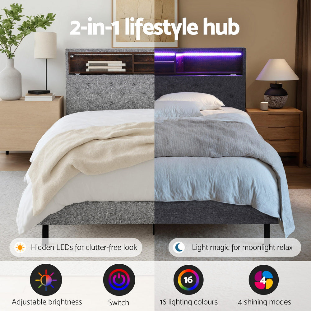Artiss Bed Frame Double Size LED Mattress Base Platform with Storage Shelf Hidden Storage Box Grey