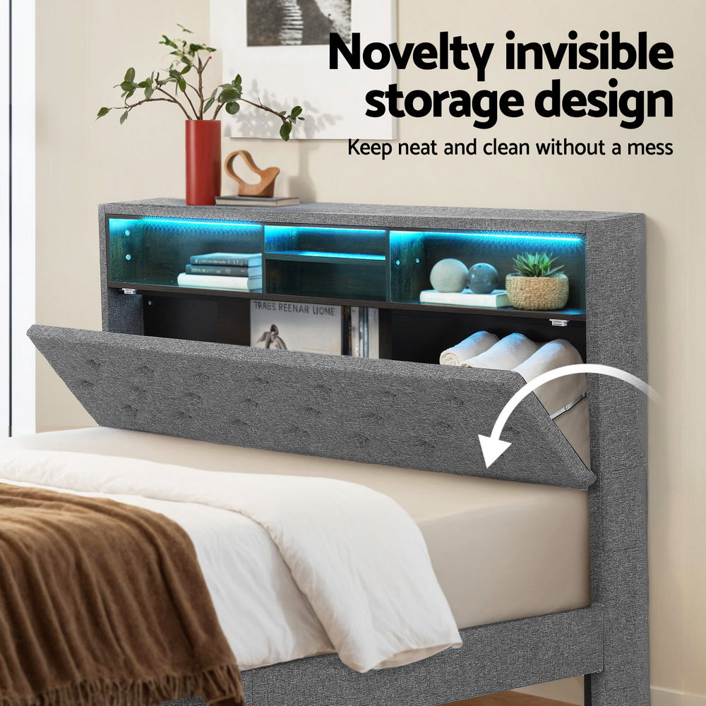 Artiss Bed Frame Double Size LED Mattress Base Platform with Storage Shelf Hidden Storage Box Grey