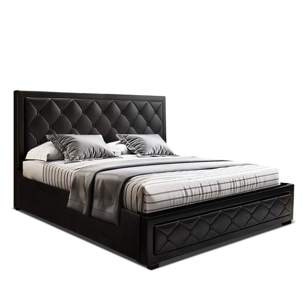 Artiss Tiyo Bed Frame PU Leather Gas Lift Storage - Black Queen - YDS.com.au