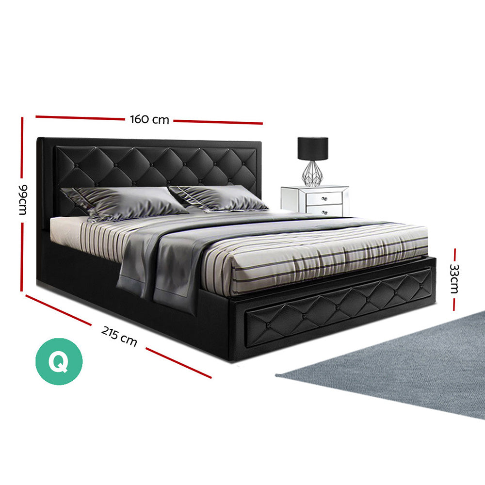 Artiss Tiyo Bed Frame PU Leather Gas Lift Storage - Black Queen - YDS.com.au
