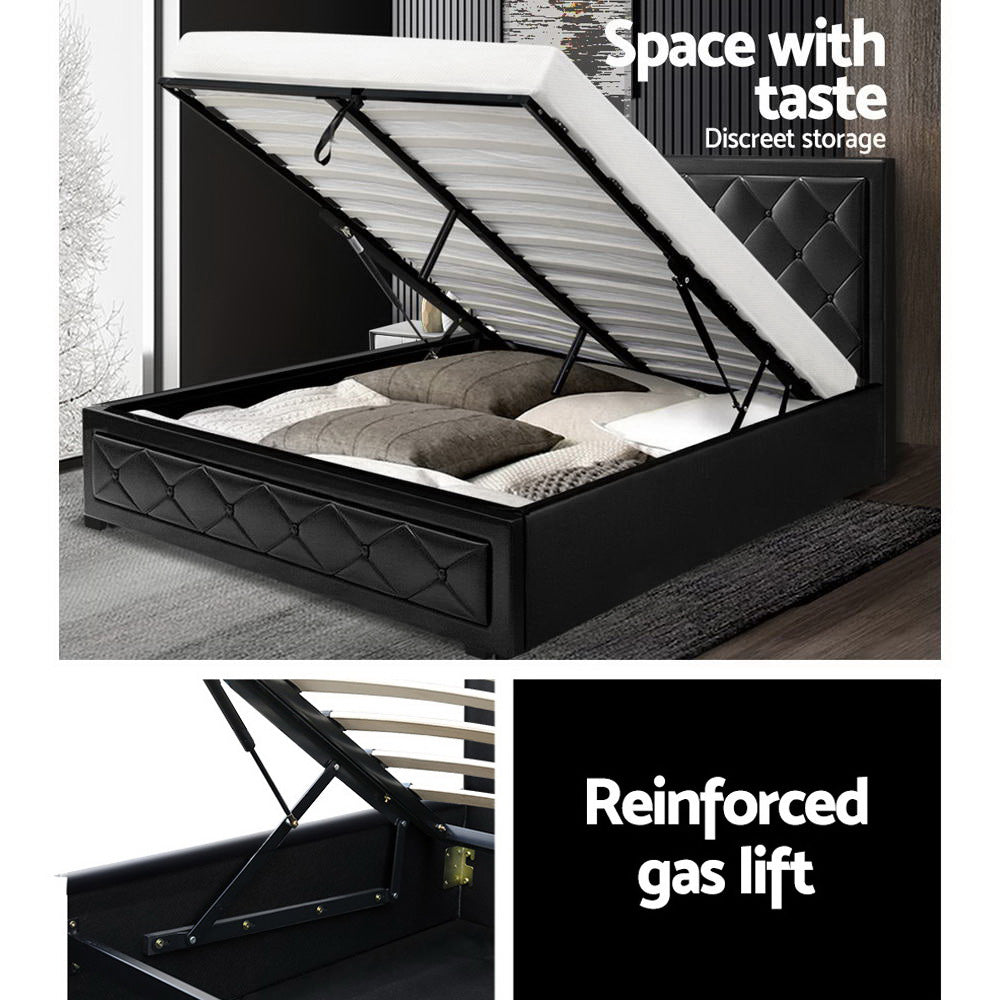 Artiss Tiyo Bed Frame PU Leather Gas Lift Storage - Black Queen - YDS.com.au