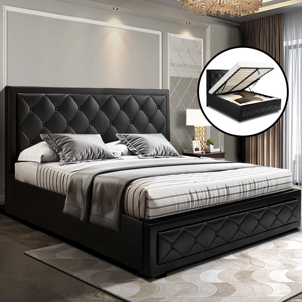 Artiss Tiyo Bed Frame PU Leather Gas Lift Storage - Black Queen - YDS.com.au