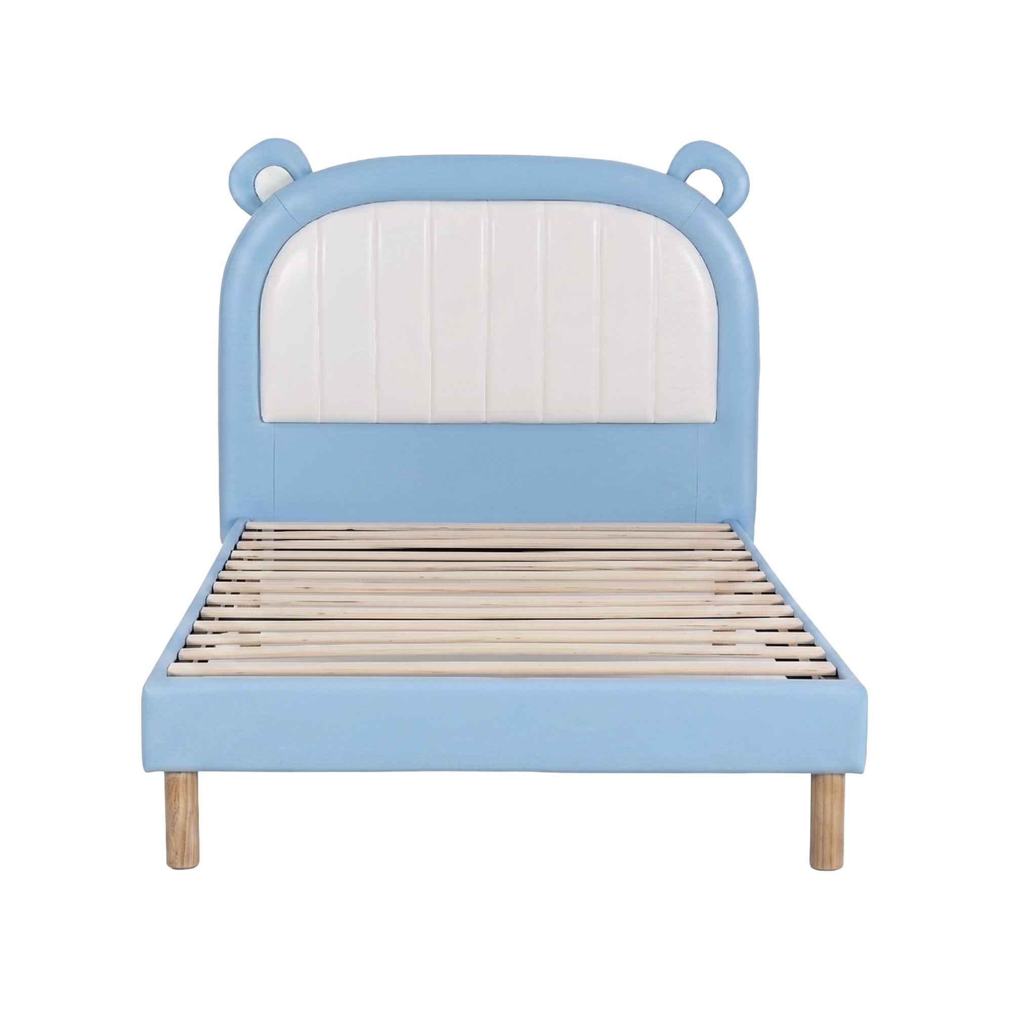 Artiss Kids King Single Bed Frame Upholstered Bear Headboard Waterproof Leather Boys Bed 180kg Capacity Blue and White