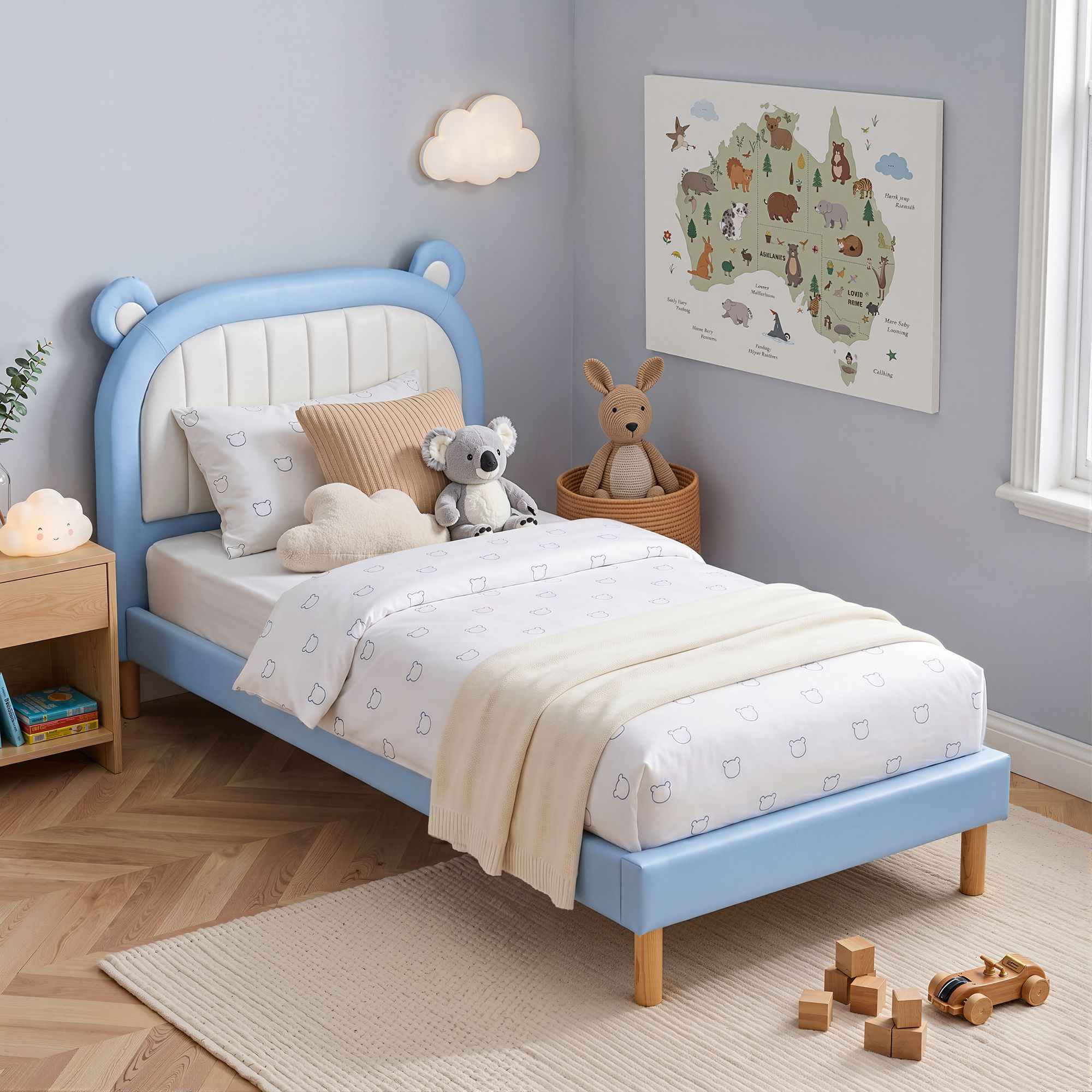 Artiss Kids King Single Bed Frame Upholstered Bear Headboard Waterproof Leather Boys Bed 180kg Capacity Blue and White