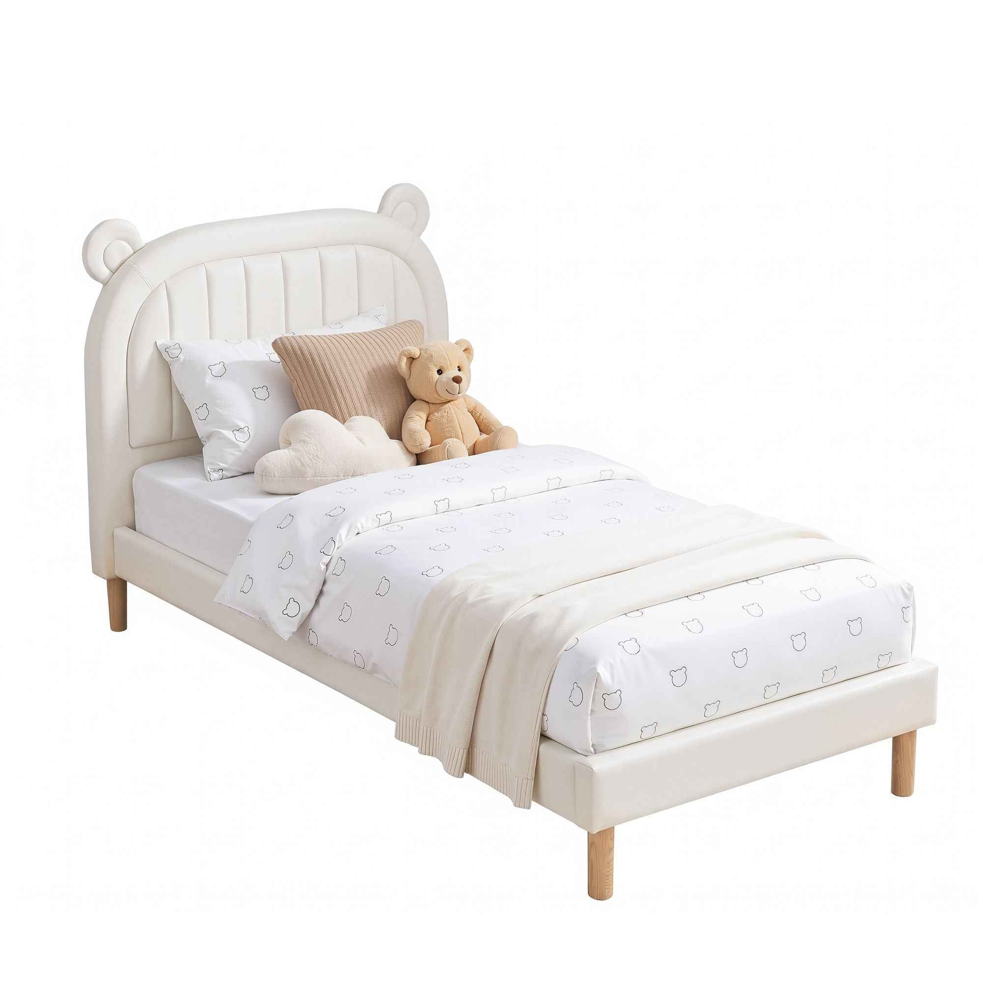 Artiss Kids King Single Bed Frame Bear Ears Headboard Upholstered Leather Platform Bed for Child